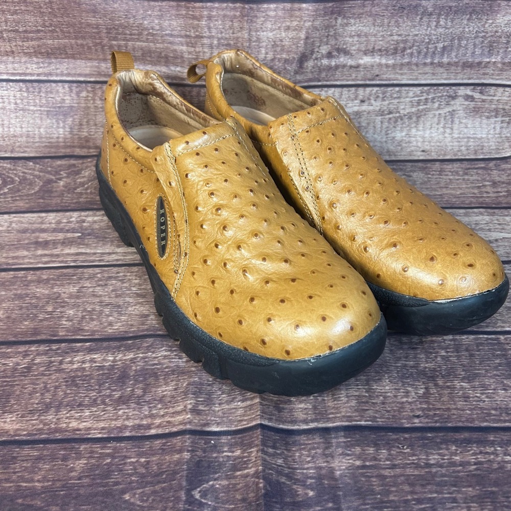 Roper Mens Tan Faux Ostrich Leather Slip On Loafers Performance Shoes Western